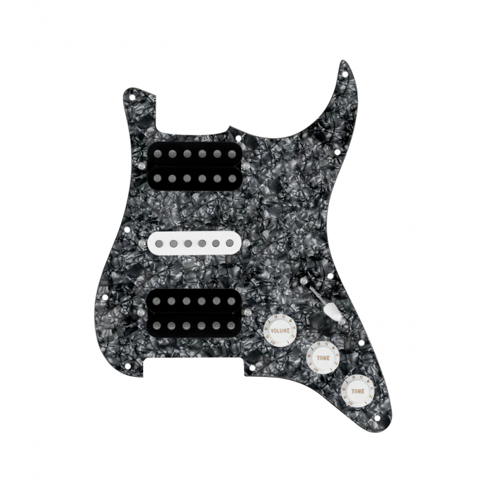 920D Custom HSH Loaded Pickguard for Stratocaster With Uncovered Smoothie Humbuckers, White Texas Vintage Pickups, Black Pearl Pickguard, and S5W-HSH Wiring Harness