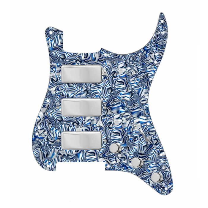 920D Custom Stadium Triple Mini Humbucker Loaded Pickguard for Strat With 7-Way Switching, Blue Shell Pickguard, and Chrome Knobs