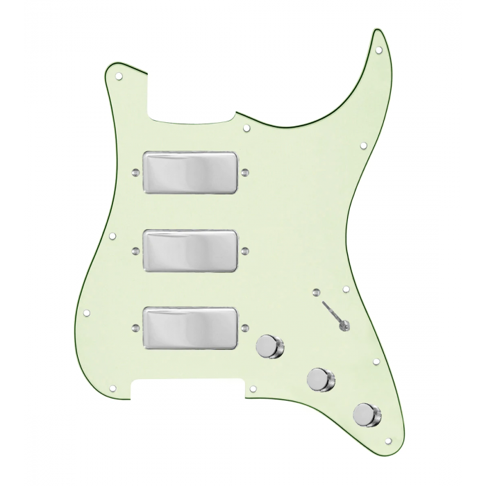 920D Custom Stadium Triple Mini Humbucker Loaded Pickguard for Strat With 7-Way Switching, Mint Green Pickguard, and Chrome Knobs