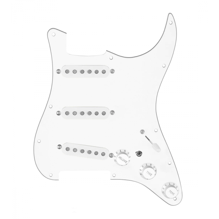 920D Custom Texas Grit Loaded Pickguard for Strat With White Pickups and Knobs, White Pickguard, and S7W-MT Wiring Harness