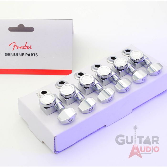 Genuine Fender CHROME LOCKING Tuners 6-InLine 2-pin Strat/Tele F Logo Machines