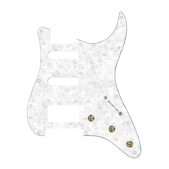 920D Custom HSS Pre-Wired Pickguard for Strat With A White Pearl Pickguard and S5W-HSS-BL Wiring Harness