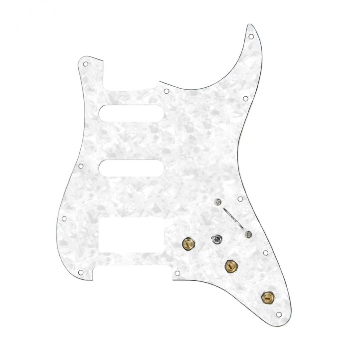 920D Custom HSS Pre-Wired Pickguard for Strat With A White Pearl Pickguard and S7W-HSS-MT Wiring Harness