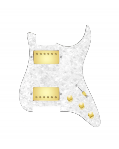 920D Custom Hipster Heaven HH Loaded Pickguard for Strat With Gold Cool Kids Humbuckers, White Pearl Pickguard, and S5W-HH Wiring Harness