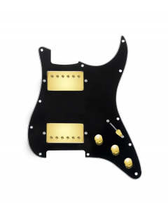 920D Custom Hot And Heavy HH Loaded Pickguard for Strat With Gold Roughneck Humbuckers, Black Pickguard, and S5W-HH Wiring Harness