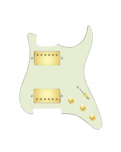 920D Custom Hot And Heavy HH Loaded Pickguard for Strat With Gold Roughneck Humbuckers, Mint Green Pickguard, and S3W-HH Wiring Harness