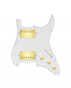 920D Custom Hot And Heavy HH Loaded Pickguard for Strat With Gold Roughneck Humbuckers, Parchment Pickguard, and S3W-HH Wiring Harness