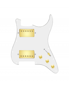 920D Custom Hot And Heavy HH Loaded Pickguard for Strat With Gold Roughneck Humbuckers, White Pickguard, and S3W-HH Wiring Harness