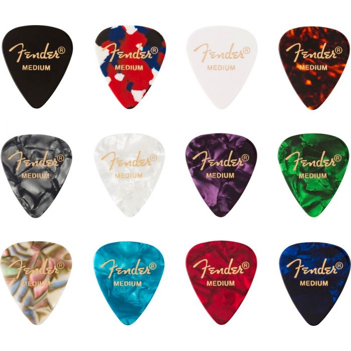 Fender Guitar Picks 351 Shape, Celluloid Color Medley Mix, MEDIUM (12 PACK)