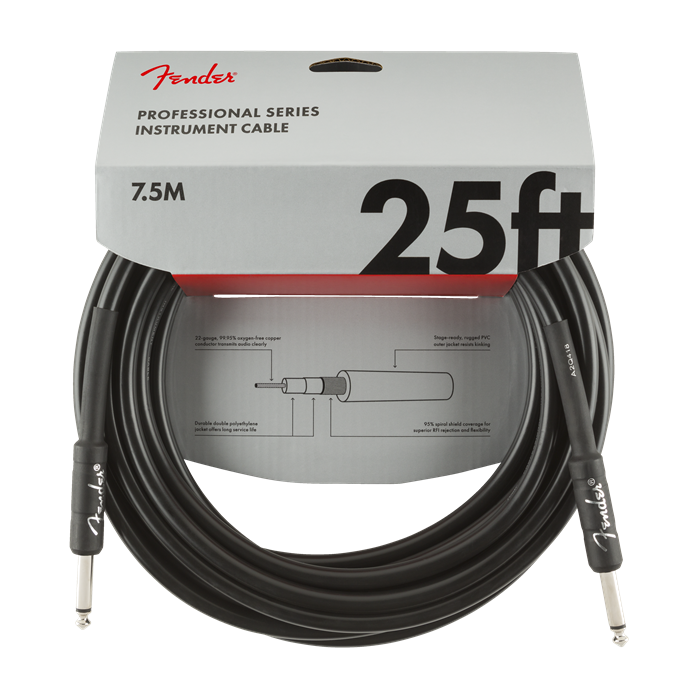 Fender Professional Series Black Guitar/Instrument Cable, Straight, 25' ft
