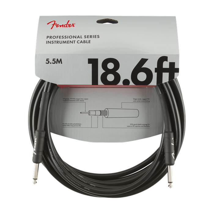 Fender Professional Series Black Guitar/Instrument Cable, Straight, 18.6' ft