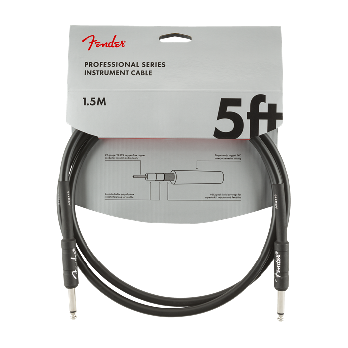 Fender Professional Series Black Guitar/Instrument Cable, Straight, 5' ft