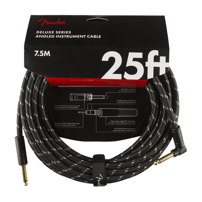 Fender Deluxe BLACK TWEED Electric Guitar Cable, Straight-Right Angle, 25' ft