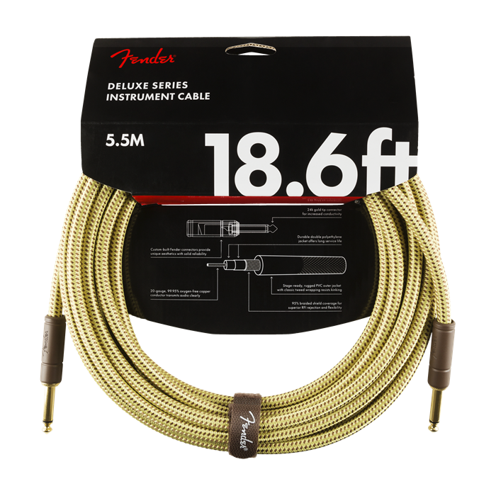 Fender Deluxe TWEED Electric Guitar/Instrument Cable, Straight Ends, 18.6' ft