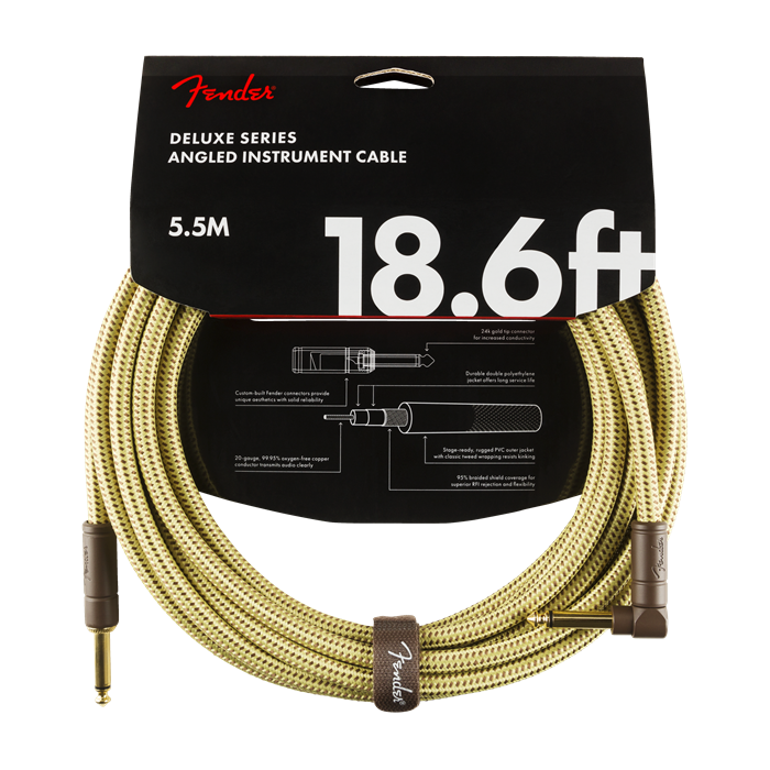 Fender Deluxe TWEED Guitar/Instrument Cable, Straight-Right Angle, 18.6' ft