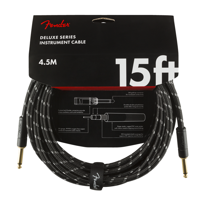 Fender Deluxe BLACK TWEED Electric Guitar/Instrument Cable, Straight Ends, 15'ft