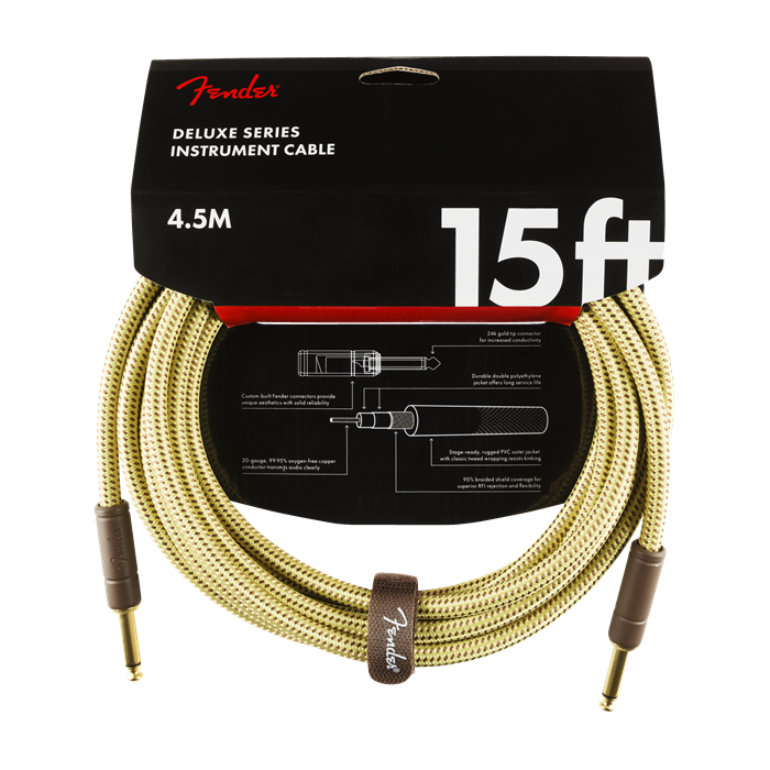 Fender Deluxe TWEED Electric Guitar/Instrument Cable, Straight Ends, 15' ft