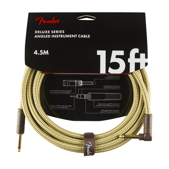 Fender Deluxe TWEED Guitar/Instrument Cable, Straight-Right Angle, 15' ft