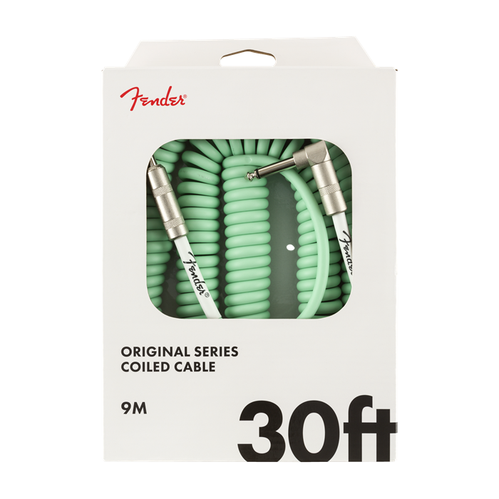 Fender Coiled Guitar/Instrument Cable, SURF GREEN, Straight to Right-Angle 30'ft