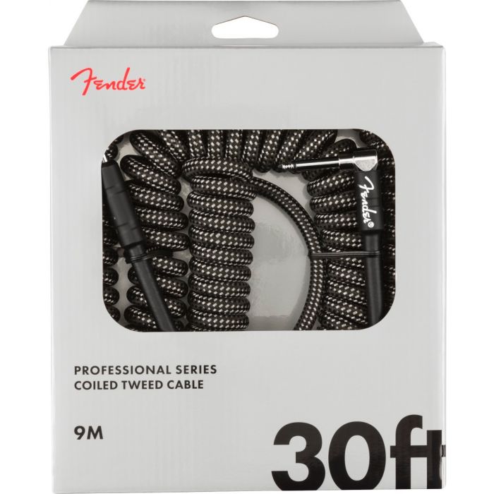 Fender Coiled Guitar/Instrument Cable, GRAY TWEED, Straight to Right-Angle 30'ft