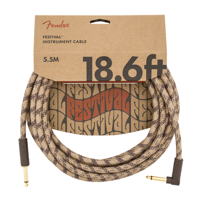 Fender Festival Instrument Cable, Pure Hemp, Right-Angle, Brown Stripe, 18.6' ft