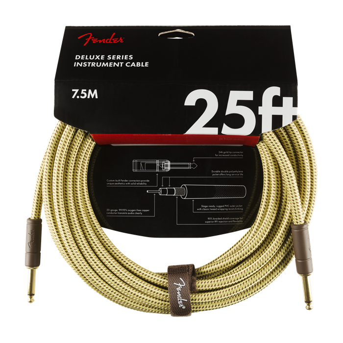 Fender Deluxe TWEED Electric Guitar/Instrument Cable, Straight Ends, 25' ft