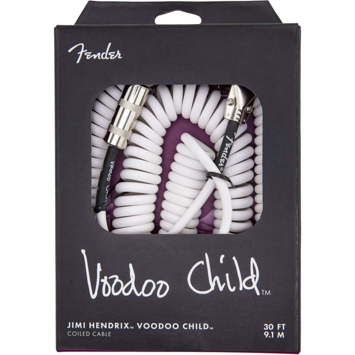 Genuine Fender 30' Hendrix Voodoo Child Coiled Right-Angle Guitar Cable, WHITE