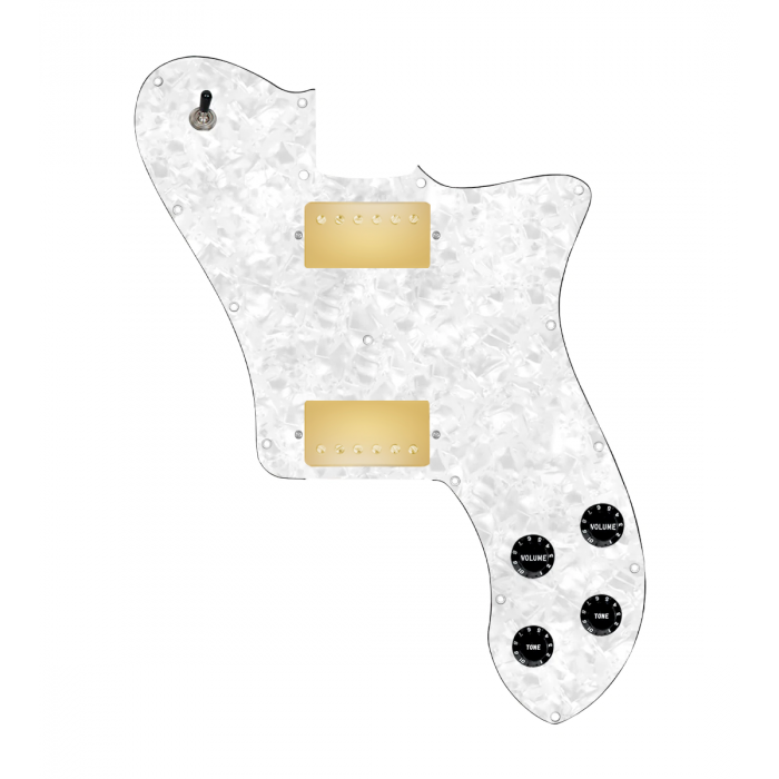 920D Custom 72 Deluxe Tele Loaded Pickguard With Gold Cool Kids Humbuckers, Black Knobs, and White Pearl Pickguard