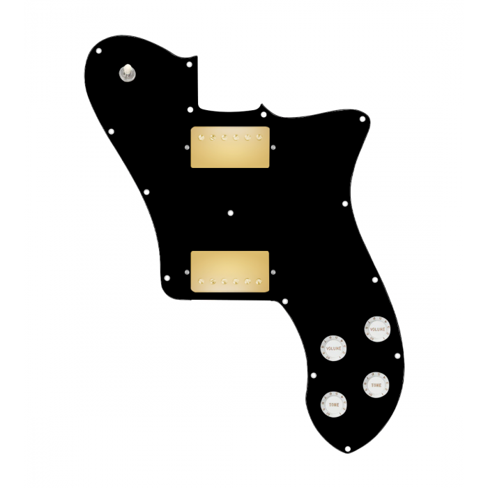 920D Custom 72 Deluxe Tele Loaded Pickguard With Gold Cool Kids Humbuckers, White Knobs, and Black Pickguard