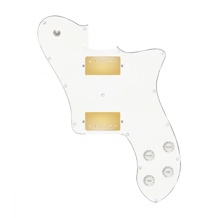 920D Custom 72 Deluxe Tele Loaded Pickguard With Gold Cool Kids Humbuckers, White Knobs, and White Pickguard