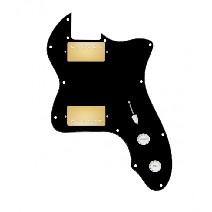 920D Custom 72 Thinline Tele Loaded Pickguard With Gold Cool Kids Humbuckers, White Knobs, and Black Pickguard