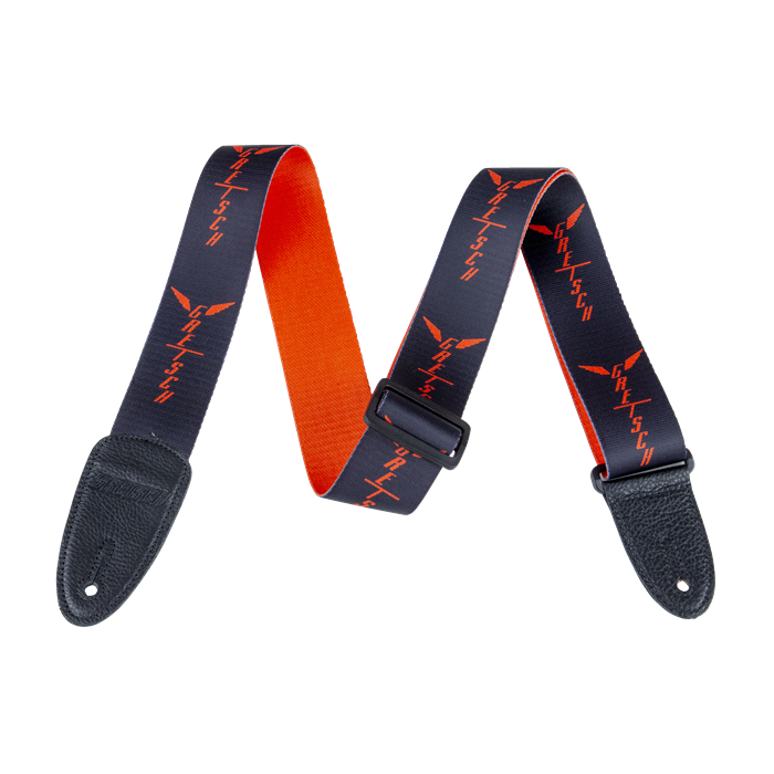 Genuine Gretsch Wing Logo Pattern Guitar Strap, Black with Orange Logos