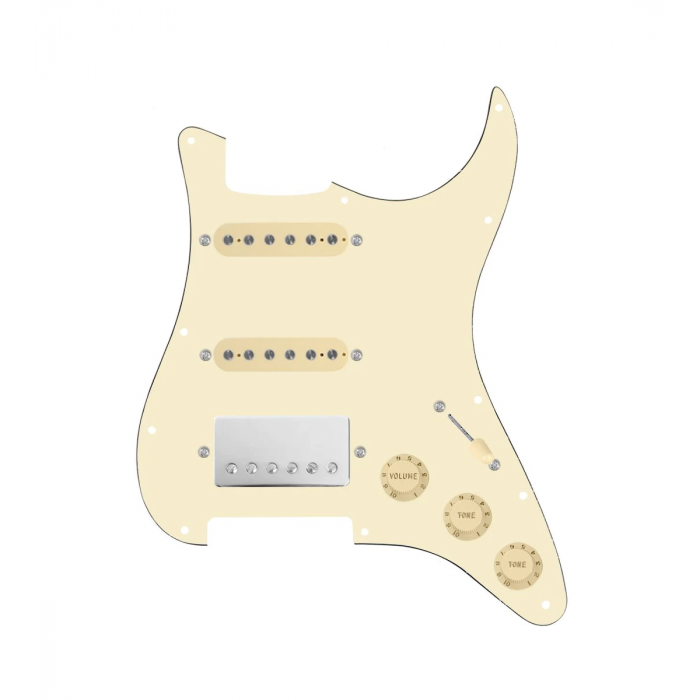 920D Custom HSS Loaded Pickguard For Strat With A Nickel Cool Kids Humbucker, Aged White Texas Grit Pickups, Black Knobs, and Aged White Pickguard