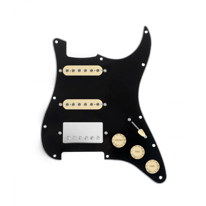 920D Custom HSS Loaded Pickguard For Strat With A Nickel Cool Kids Humbucker, Aged White Texas Grit Pickups, Black Knobs, and Black Pickguard