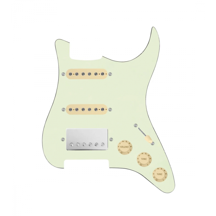 920D Custom HSS Loaded Pickguard For Strat With A Nickel Cool Kids Humbucker, Aged White Texas Grit Pickups, Black Knobs, and Mint Green Pickguard