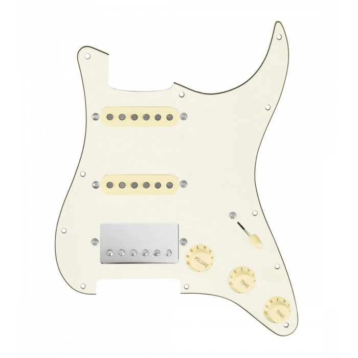 920D Custom HSS Loaded Pickguard For Strat With A Nickel Cool Kids Humbucker, Aged White Texas Grit Pickups, Black Knobs, and Parchment Pickguard