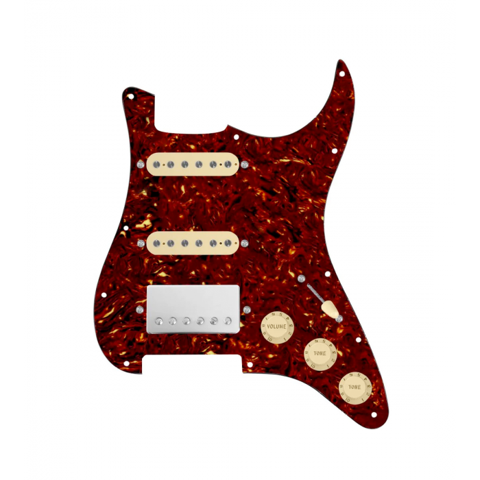 920D Custom HSS Loaded Pickguard For Strat With A Nickel Cool Kids Humbucker, Aged White Texas Grit Pickups, Black Knobs, and Tortoise Pickguard