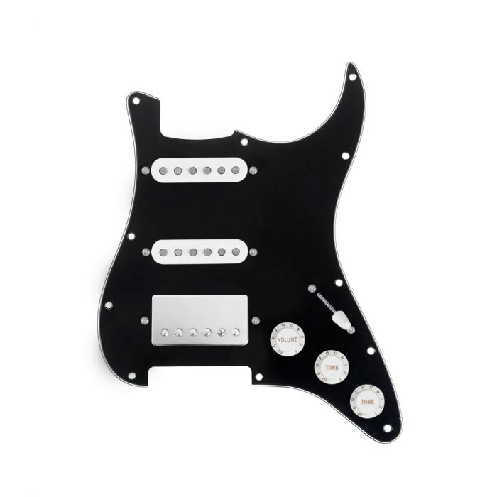 920D Custom HSS Loaded Pickguard For Strat With A Nickel Cool Kids Humbucker, White Texas Grit Pickups, Black Knobs, and Black Pickguard