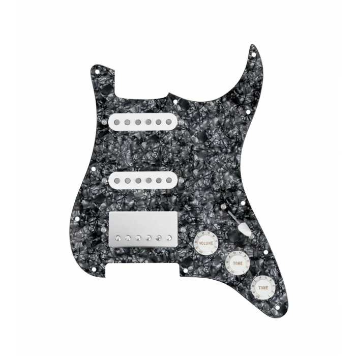 920D Custom HSS Loaded Pickguard For Strat With A Nickel Cool Kids Humbucker, White Texas Grit Pickups, Black Knobs, and Black Pearl Pickguard