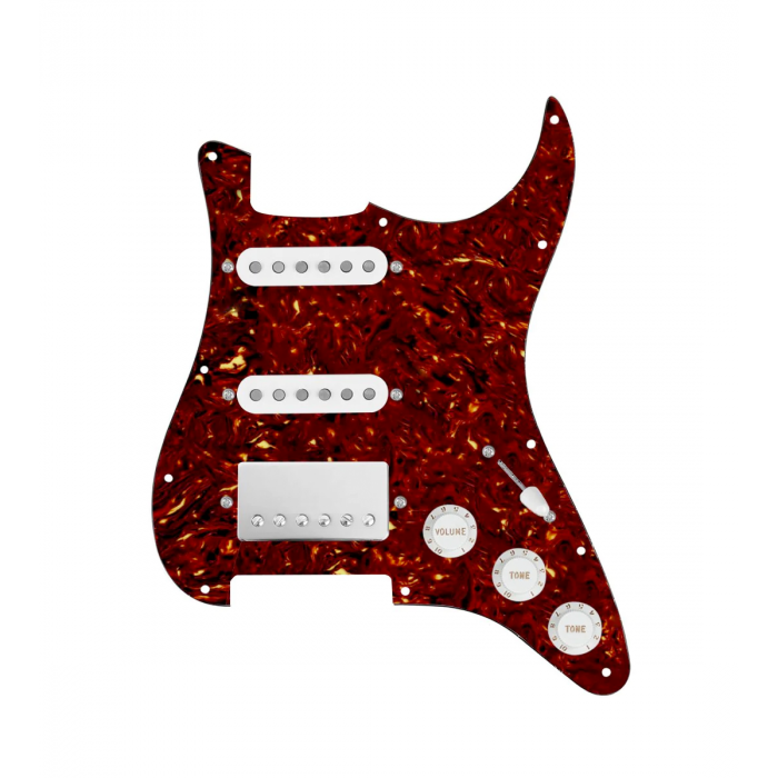 920D Custom HSS Loaded Pickguard For Strat With A Nickel Cool Kids Humbucker, White Texas Grit Pickups, Black Knobs, and Tortoise Pickguard
