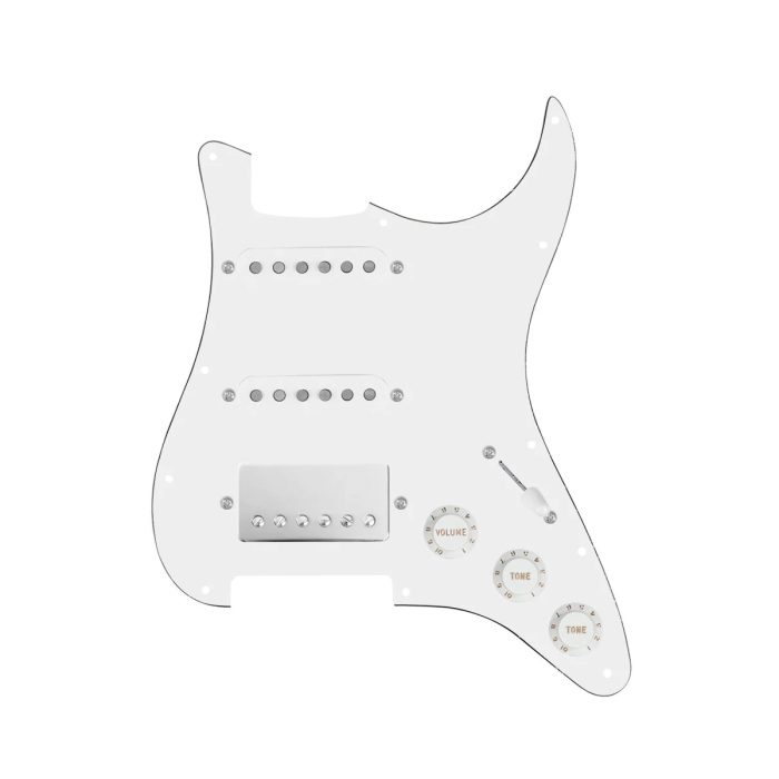 920D Custom HSS Loaded Pickguard For Strat With A Nickel Cool Kids Humbucker, White Texas Grit Pickups, Black Knobs, and White Pickguard