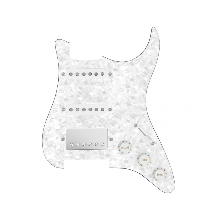 920D Custom HSS Loaded Pickguard For Strat With A Nickel Cool Kids Humbucker, White Texas Grit Pickups, Black Knobs, and White Pearl Pickguard