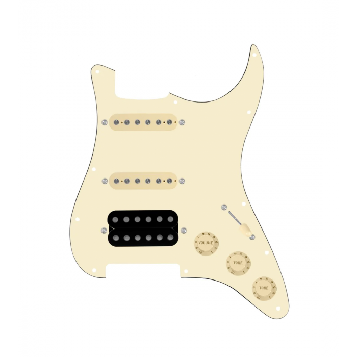 920D Custom HSS Loaded Pickguard For Strat With An Uncovered Cool Kids Humbucker, Aged White Texas Grit Pickups, Black Knobs, and Aged White Pickguard