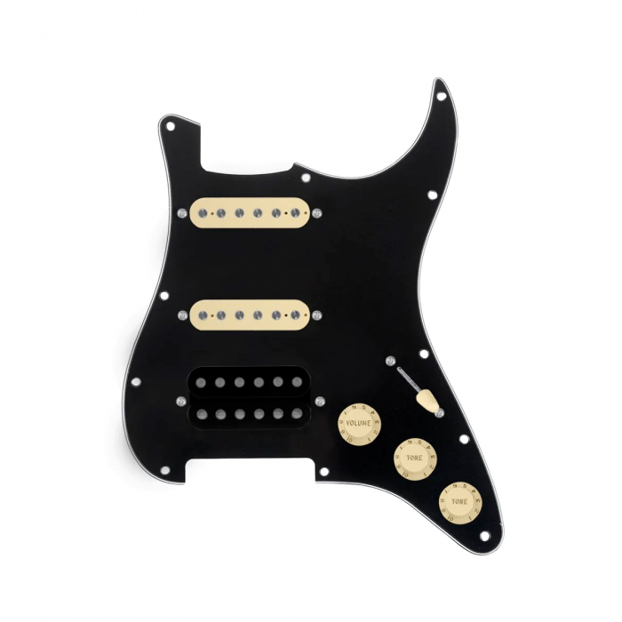 920D Custom HSS Loaded Pickguard For Strat With An Uncovered Cool Kids Humbucker, Aged White Texas Grit Pickups, Black Knobs, and Black Pickguard