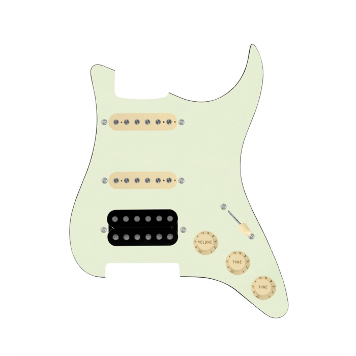 920D Custom HSS Loaded Pickguard For Strat With An Uncovered Cool Kids Humbucker, Aged White Texas Grit Pickups, Black Knobs, and Mint Green Pickguard
