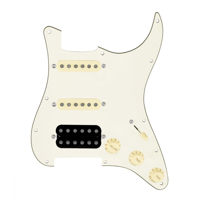 920D Custom HSS Loaded Pickguard For Strat With An Uncovered Cool Kids Humbucker, Aged White Texas Grit Pickups, Black Knobs, and Parchment Pickguard