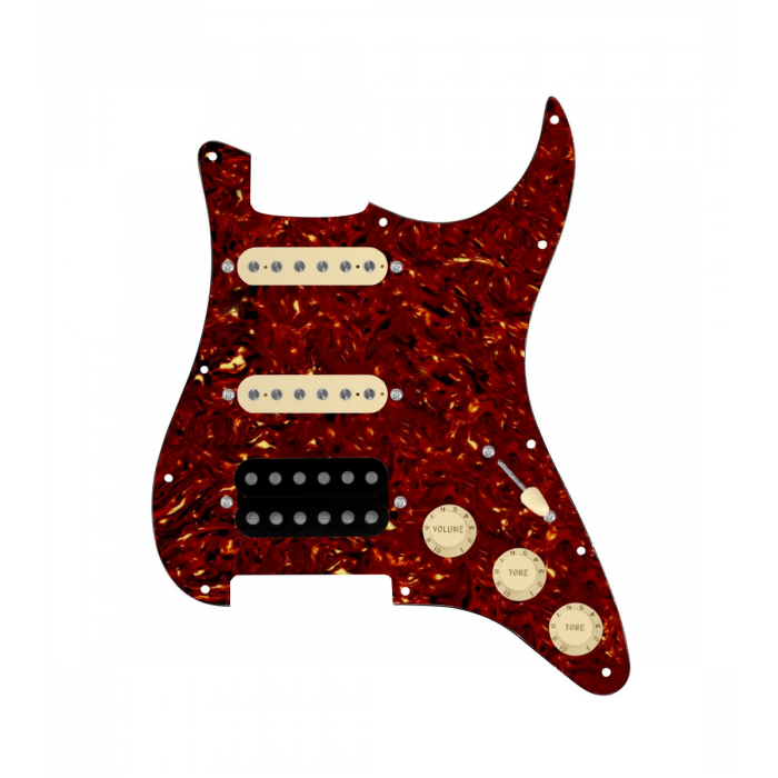 920D Custom HSS Loaded Pickguard For Strat With An Uncovered Cool Kids Humbucker, Aged White Texas Grit Pickups, Black Knobs, and Tortoise Pickguard