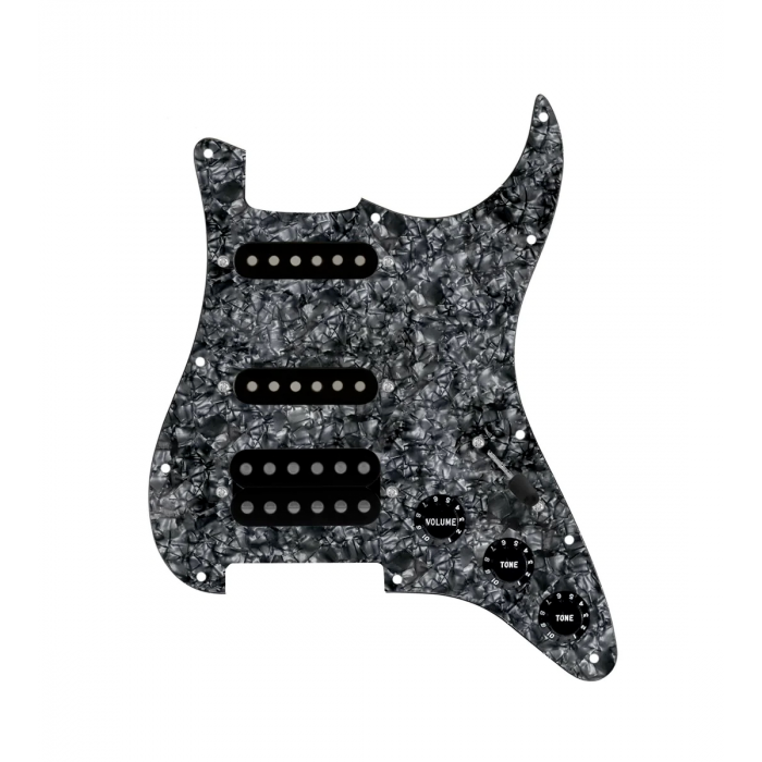 920D Custom HSS Loaded Pickguard For Strat With An Uncovered Cool Kids Humbucker, Black Texas Grit Pickups, Black Knobs, and Black Pearl Pickguard