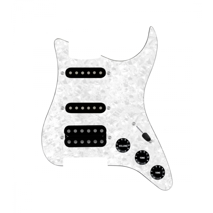 920D Custom HSS Loaded Pickguard For Strat With An Uncovered Cool Kids Humbucker, Black Texas Grit Pickups, Black Knobs, and White Pearl Pickguard