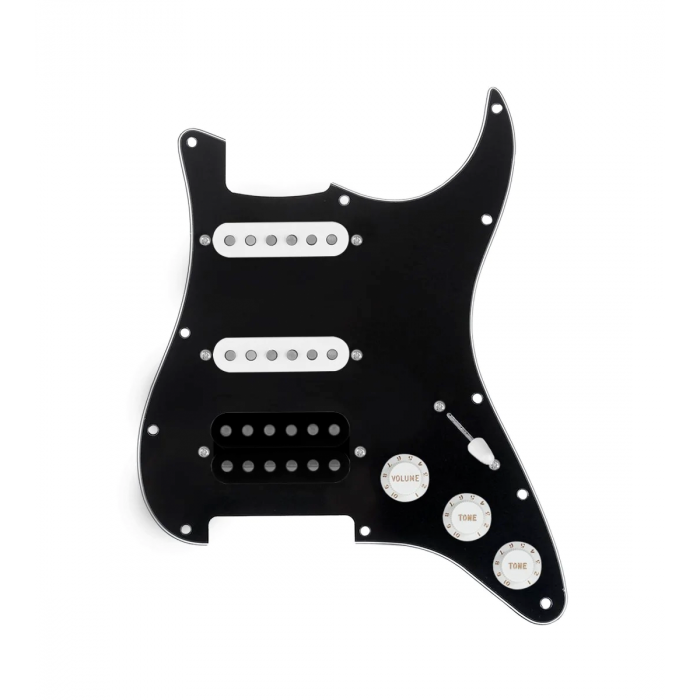 920D Custom HSS Loaded Pickguard For Strat With An Uncovered Cool Kids Humbucker, White Texas Grit Pickups, Black Knobs, and Black Pickguard